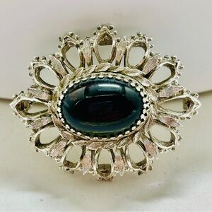 Emmons, Vintage Silver Oval Brooch With Dark Green Glass Cabochon